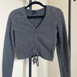 wild fable Charcoal Gray V‑Neck Ruched Drawstring Crop Sweater